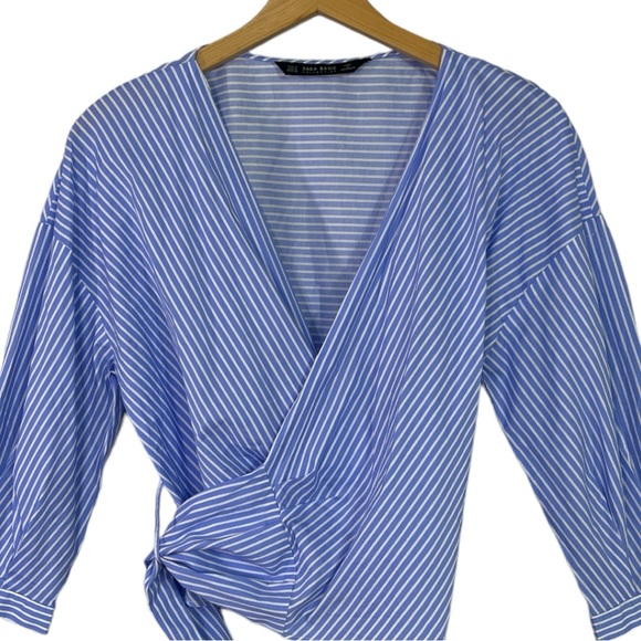 Zara Blue White Stripe Short Shirt Wrap Around Size Small - Picture 5 of 8